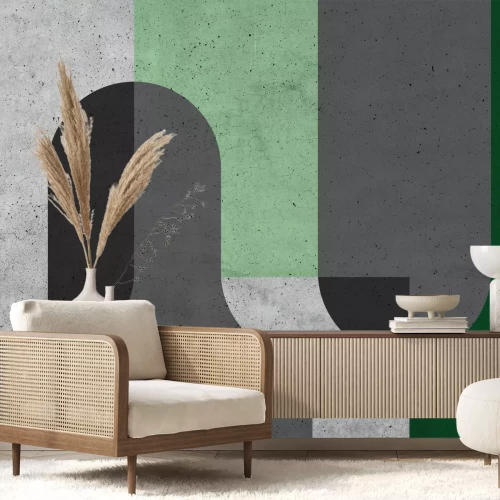 Fototapete Geometrische Blöcke in Grün- und Grautönen mit Betontextureffekt