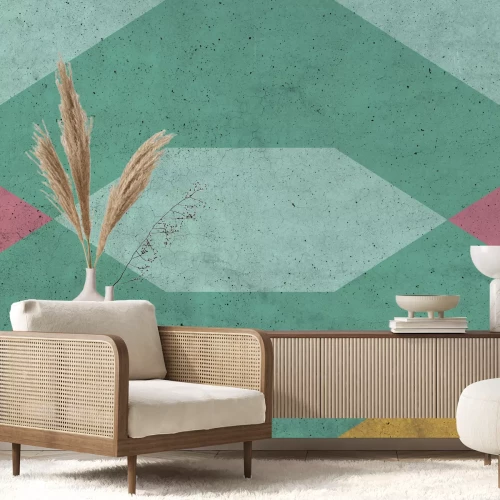 Fototapete Geometrische Figuren mit grünem Schwerpunkt auf Betontextur