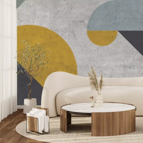 Fototapete Geometrische Komposition mit gelbem Akzent und Betonstruktur