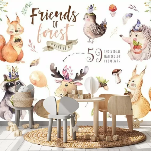 Sticker Niedliches böhmisches Babykarikatur-Igel des Aquarells, Eichhörnchen und Elchtier für classic, Waldland lokalisierte Waldillustration für Kinder. Hasentiere.