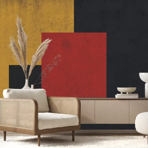 Fototapete Quadrat auf gelb-schwarzem Grund auf Betontextur