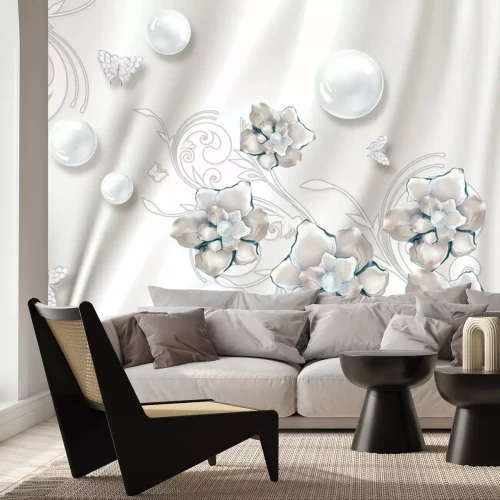 Fototapete 3D Kugeln in Weiß mit Blumen