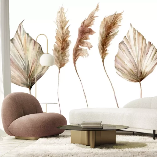 Sticker Watercolor tropical set with dry palm leaves and pampas grass. Hand painted exotic leaves isolated on white background. Floral illustration for design, print, fabric or background.