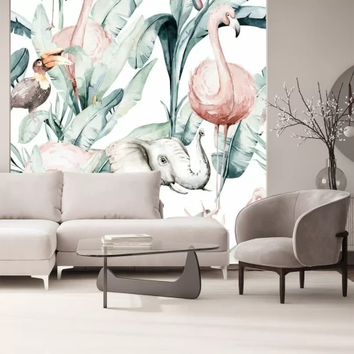 Sticker Tropical seamless pattern with flamingo. Watercolor tropic drawing, rose bird and greenery palm tree, tropic green texture, exotic flower