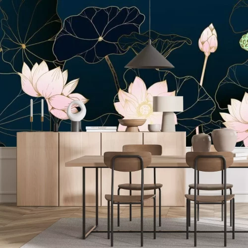 Sticker Golden lotus line arts on dark background, Luxury gold wallpaper design for prints, banner, fabric, poster, cover, digital arts vector illustration.	