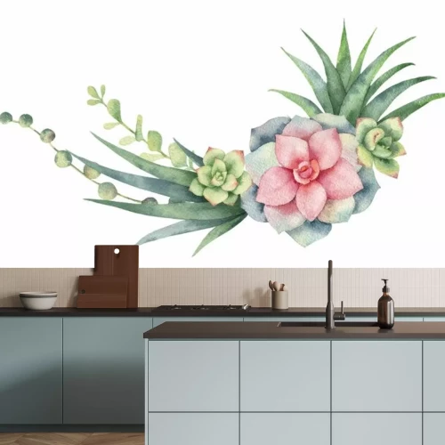 Sticker Watercolor vector wreath of cacti and succulent plants isolated on white background.