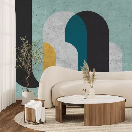 Fototapete Zylindrische Figuren mit einem gelben Element und Betoneffekt