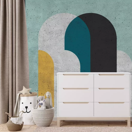 Fototapete Zylindrische Figuren mit einem gelben Element und Betoneffekt