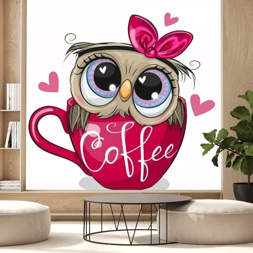 Sticker Owl with a bow is sitting in a Cup of coffee
