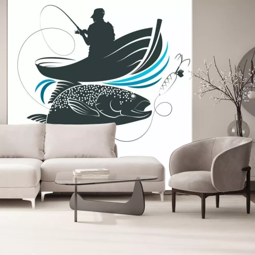 Sticker Fische Grafik Angler in einem Boot und schwarz-weißer Fisch