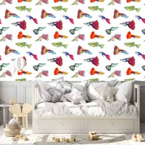 Tapete Bunte Aquarienfische gemalt mit Aquarell