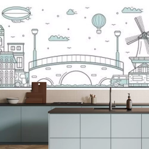 Sticker Amsterdam skyline. Line cityscape with famous building landmarks panorama. Amsterdam skyline with street Royal Palace, mill city sights and canal bridge. Capital city outline, architecture concept