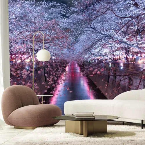 Fototapete Tokio bei Nacht mit Kirschblüten