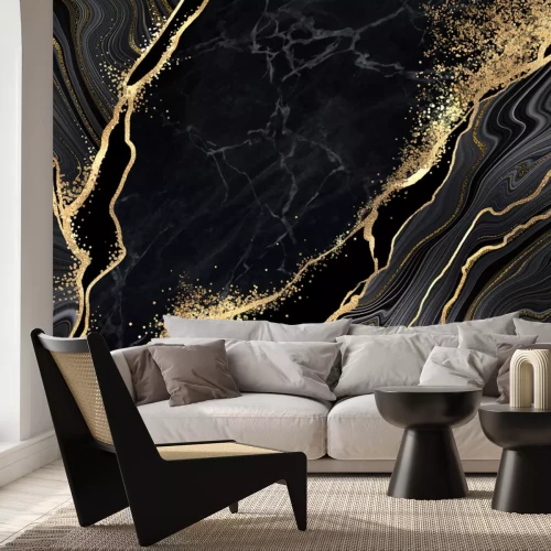 Fototapete Abstract black marble background with golden veins, japanese kintsugi technique, fake painted artificial stone texture, marbled surface, digital marbling illustration