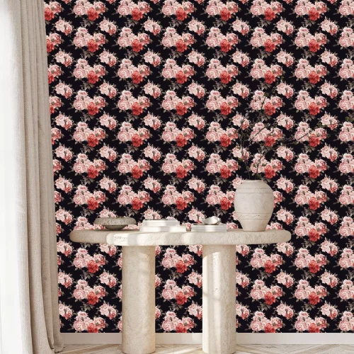 Tapete Rot-rosa Pfingstrosen auf schwarzem Hintergrund