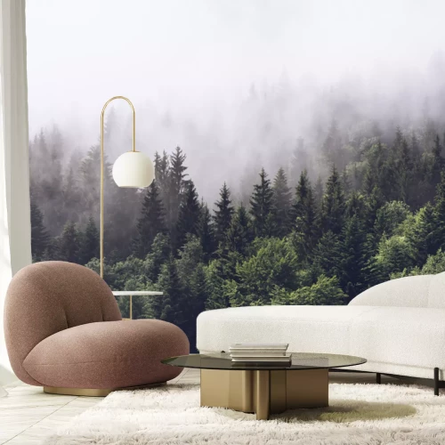 Fototapete Bewaldeter Berghang in der tief liegenden Wolke