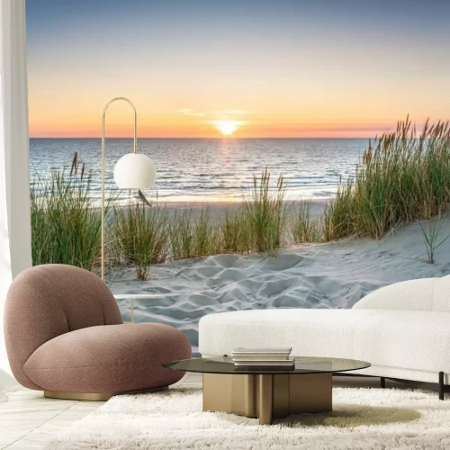 Fototapete Sonnenuntergang über dem Meer und Sandstrand