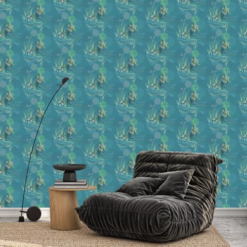 Tapete Fluss mit Blumen im orientalischen Stil