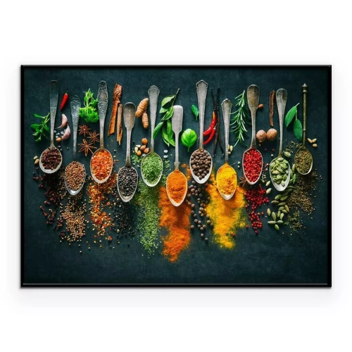 Poster Kräuter und Gewürze für das Kochen auf dunklem Hintergrund