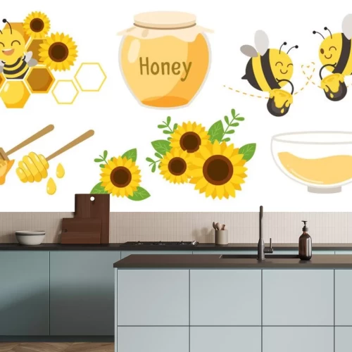 Sticker The collection of cute character of cute bee with beehive and honey jar and honey spoon and sunflower in flat vector style.Graphic resource about bee for graphic,content , banner, sticker label.