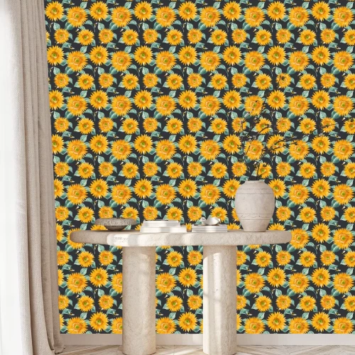 Tapete Beautiful vector seamless pattern with watercolor hand drawn sunflowers. Stock summer illustration.