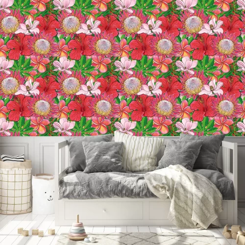 Tapete Tropical flowers seamless pattern with hand drawn exotic blooms of hibiscus, protea, magnolia and plumeria with green palm leaves. Colorful floral vector illustration in sketch style.