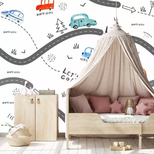 Sticker Nahtloses Vektormuster mit kleinen Autos und Verkehrsschildern auf weißem Hintergrund