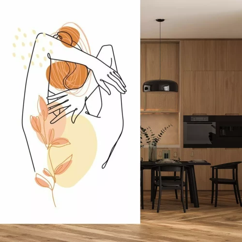 Fototapete Weibliche Silhouette mit Blatt in Line Art