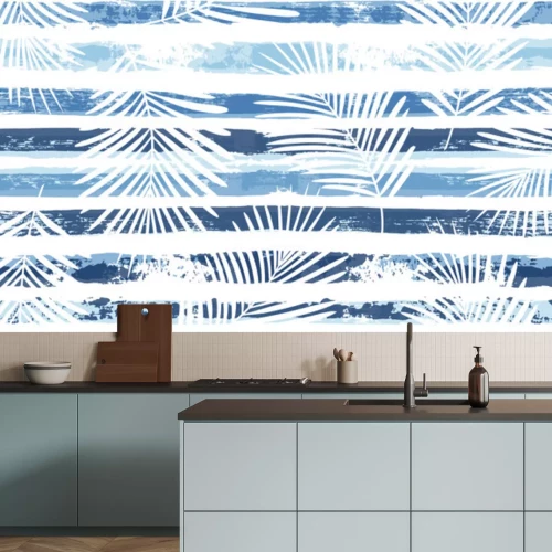 Fototapete Weiße Blätter auf marineblauen Streifen