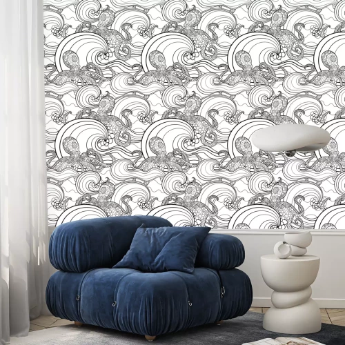 Tapete Black and white seamles oceanic pattern for coloring.