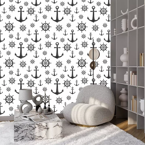 Tapete Nautical seamless pattern with black helms and anchors on white.