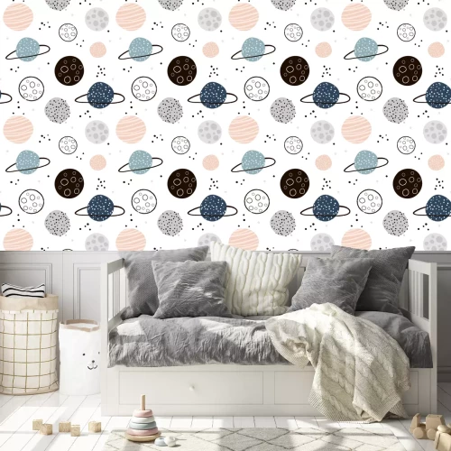 Tapete Childish seamless pattern with hand drawn space elements space, planets. Trendy kids vector background.