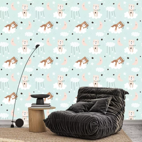 Tapete Seamless childish pattern with cute bears on clouds, moon, stars. Creative scandinavian style kids texture for fabric, wrapping, textile, wallpaper, apparel. Vector illustration