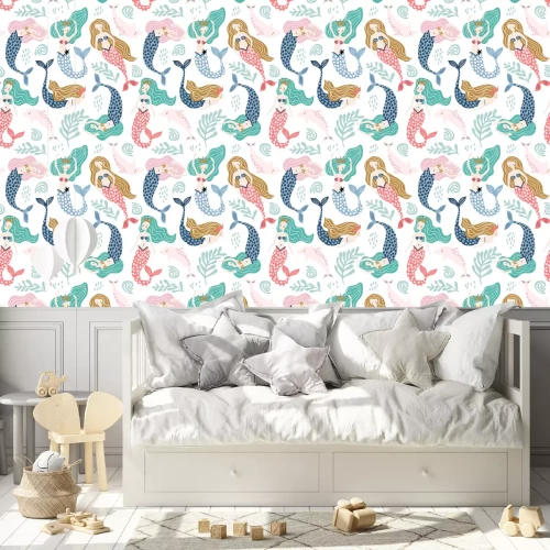 Tapete Bunte Meerjungfrauen mit Delfinen