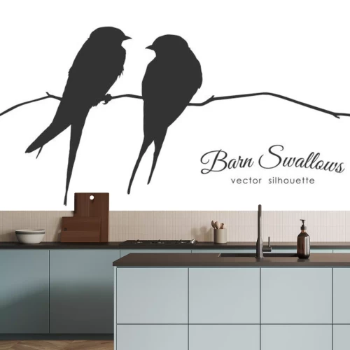 Sticker Schwarz-Weiß-Zeichnung von zwei Vögeln auf einem dünnen Zweig