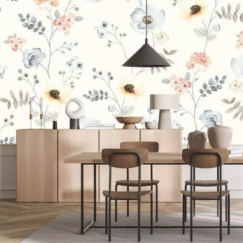 Fototapete Zartes Muster mit blauen Blumen und Blaubeeren