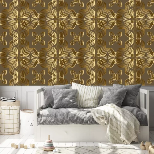 Tapete Gold lines 3d seamless pattern. Line art patterned ornamental grid background. Gold intricate lines vintage ornaments. 3d wallpaper. Floral repeat design with lines flowers. Luxury lace texture