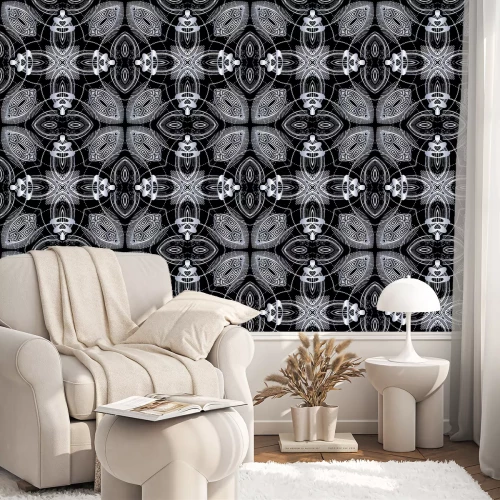 Tapete Floral greek vector seamless pattern. Abstract background with grunge 3d flowers, halftone shapes, greek key, meanders, lines. Beautiful modern greek key ornament. Decorative textured dirty design