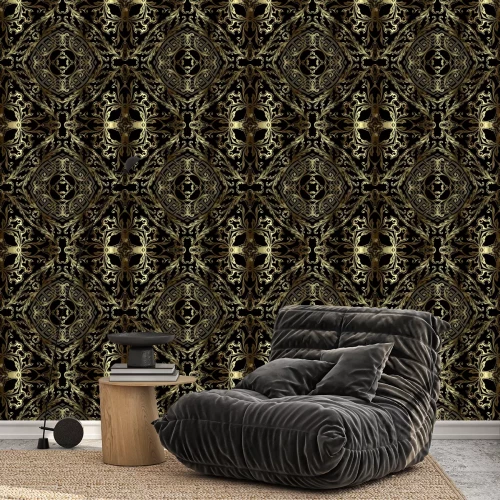 Tapete Royal gold 3d vintage vector seamless pattern. Floral grunge Baroque style background. Repeat backdrop. Modern greek key meander golden ornament. Golden frames, mandalas, shapes, flowers, leaves