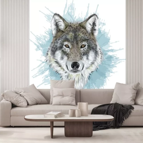 Sticker Wolf Aquarell Kopf vor dem Hintergrund einer blauen Palme