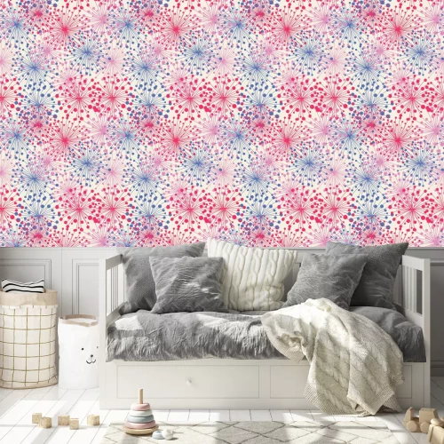 Tapete Türkis- und rosafarbene Pusteblumen bunte Grafik