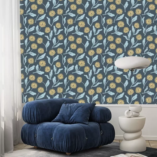 Tapete Minimalistische Grafik mit Pusteblumen dunkelblauer Hintergrund