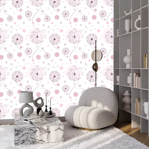 Tapete Violette Pusteblumen und rosa Punkte Grafik