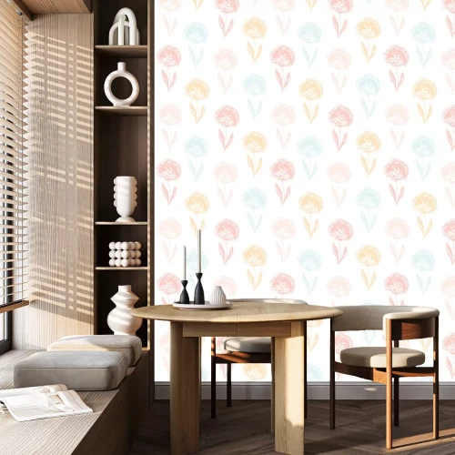 Tapete Helle Pusteblumen auf einem subtilen weißen Hintergrund