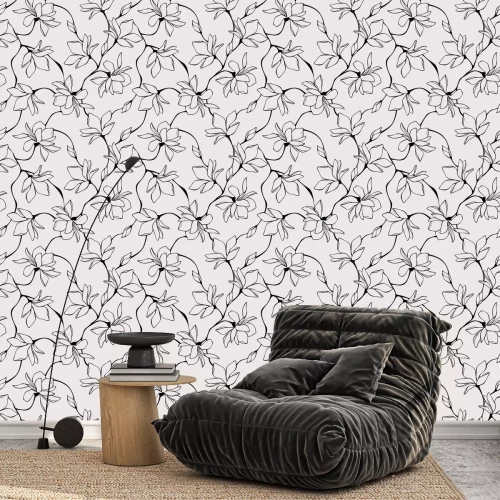 Tapete Vector seamless floral pattern with magnolia flowers. Line art illustration.