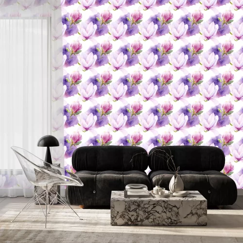 Tapete Hand drawn watercolor magnolia seamless pattern with watercolor spine on white background.