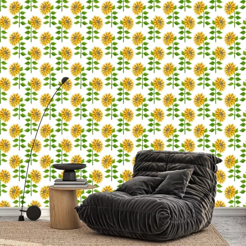 Tapete Watercolor seamless pattern of sunflowers and leaves on a white background.