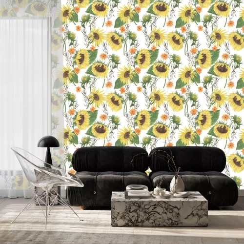 Tapete Watercolor painting seamless pattern with sunflowers. 