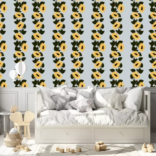 Tapete Seamless pattern with yellow sunflowers and green leaves. Bouquets with sunflowers. Sunflowers on a blue background.