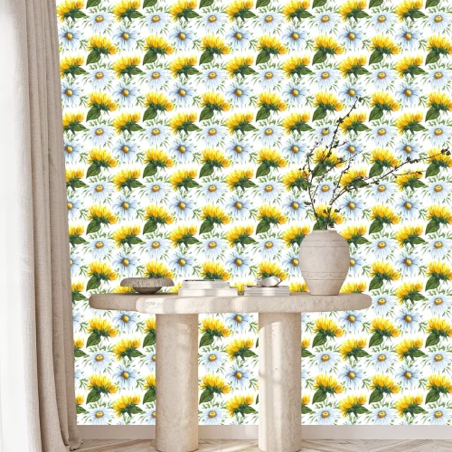Tapete Watercolor seamless pattern with sunflowers and chamomile flowers. Hand drawn beckground with wildflowers perfect for decorating textiles, packaging, wallpaper